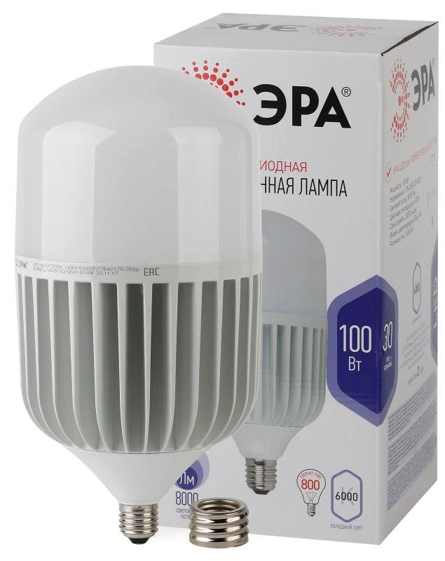 Эра Лампа светодиодная высокомощная STD LED POWER T160-100W-6500-E27/E40 100Вт T160 колокол 6500К нейтр. бел. E27/E40 (переходник в компл.) 8000лм  Б0032090