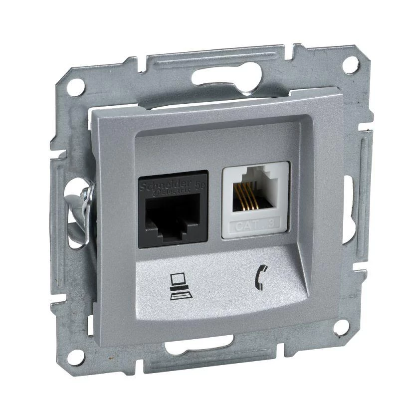 Schneider Electric Розетка компьютерная + телефонная 2-м СП Sedna RJ45 + RJ11 кат.5E UTP неэкранир. механизм алюм. SchE SDN5100160