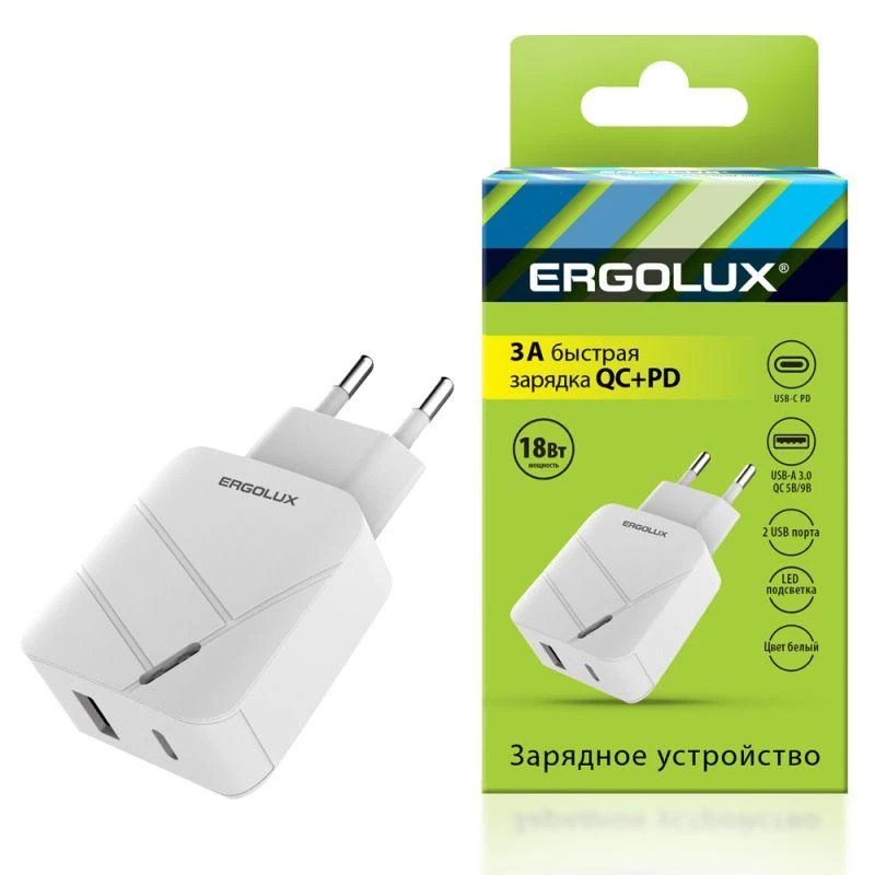 Ergolux Адаптер сетевой 18Вт 1USB+1Type C 100-220В 5-9В/3А QC коробка бел.  15252