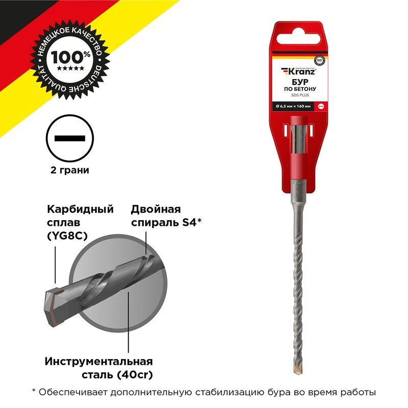 Kranz Бур по бетону 6.5x160x100мм SDS PLUS  KR-91-0009