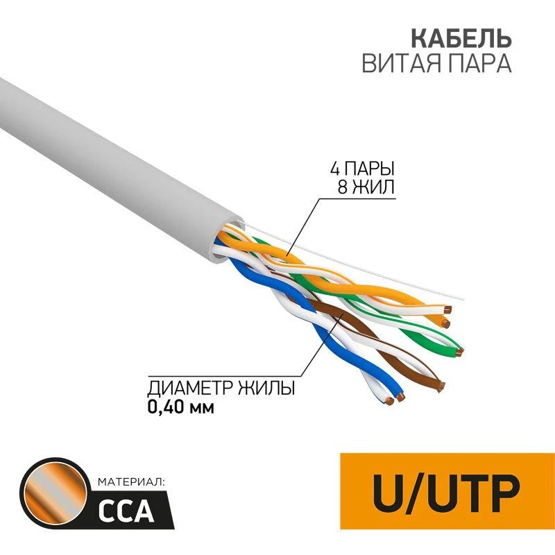 PROCONNECT Кабель витая пара U/UTP кат.5 4х2х26AWG омедненный алюм. сер. (уп.305м) LIGHT  01-0048-3