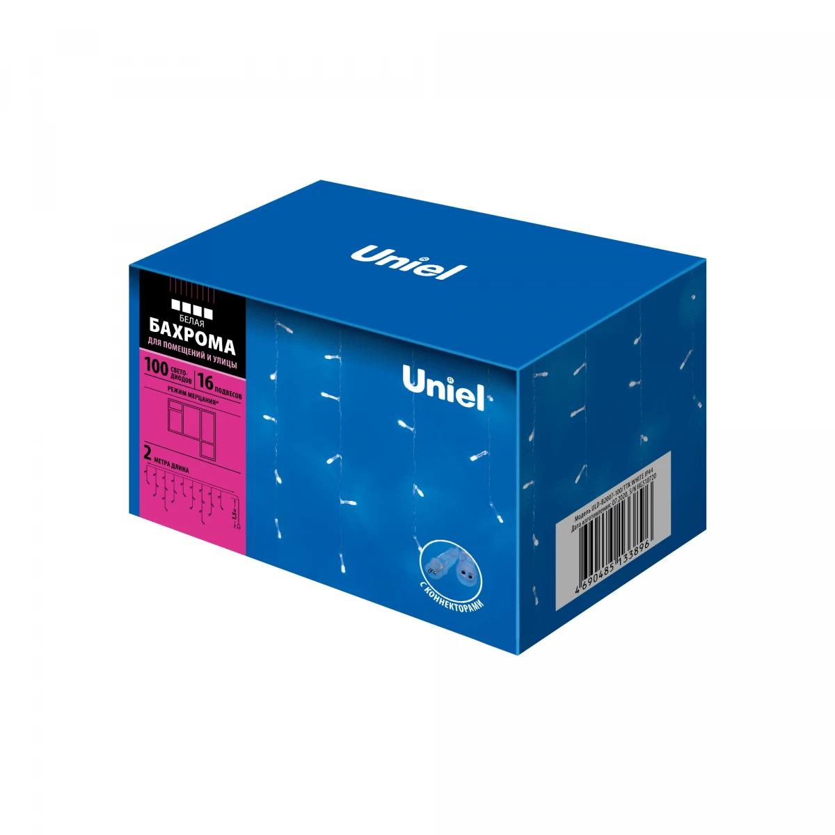 Гирлянда светодиодная "Бахрома" ULD-B2007-100/TTK WHITE IP44 2м 100LED бел. с эффектом мерцания соединяемая провод прозр. Uniel UL-00007209