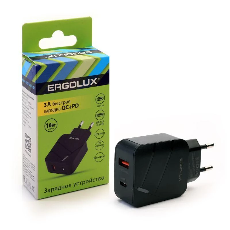 Ergolux Адаптер сетевой ELX-РA01QC-C02 1USB+1Type C 100-220В 5-9В/3А QC коробка черн. ERGOLUX 15108