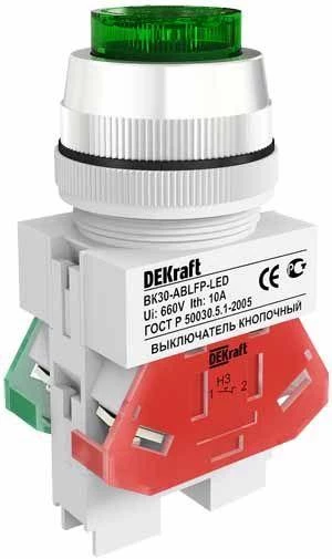 DEKraft Выключатель кнопочный LED ABLFP ВК-30 d30мм 220В зел. 25047DEK