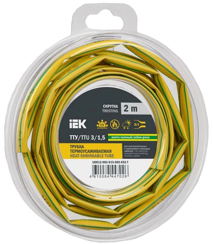 IEK Трубка термоусадочная ТТУ нг-LS 3/1.5 желт./зел. (уп.2м)  UDR12-003-D15-002-K52-T