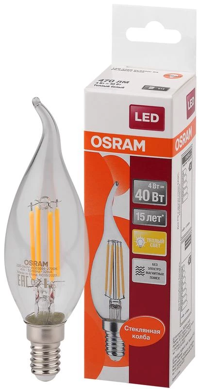 Лампа светодиодная филаментная LED STAR CLASSIC BA 40 4W/827 230V FIL FS1 E14 OSRAM 4058075055452