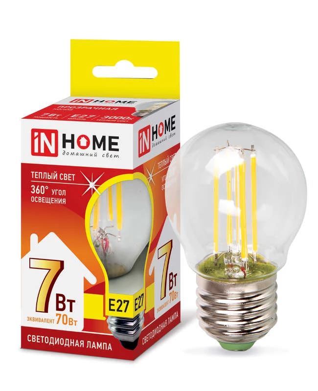 Лампа светодиодная LED-ШАР-deco 7Вт шар прозрачная 230В E27 3000К 810лм IN HOME 4690612016320