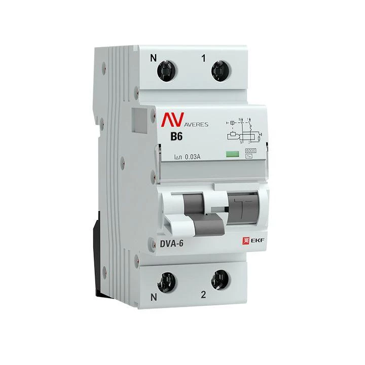 Выключатель автоматический дифференциального тока 1п+N B 6А 30мА тип AC DVA-6 6кА AVERES EKF rcbo6-1pn-6B-30-ac-av