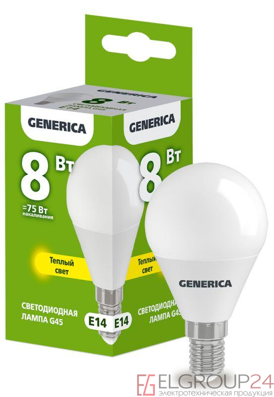 Лампа светодиодная G45 8Вт шар 3000К E14 230В GENERICA LL-G45-08-230-30-E14-G 0