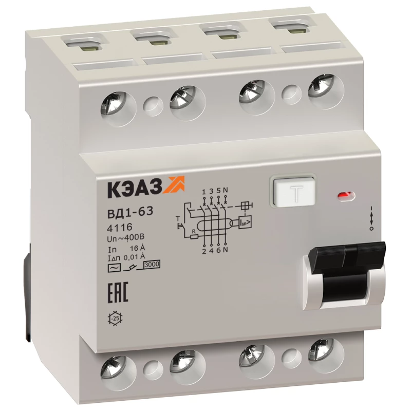 Выключатель дифференциального тока (УЗО) 4п 16А 300мА тип AC ВД1-63 4416 УХЛ4 КЭАЗ 222725