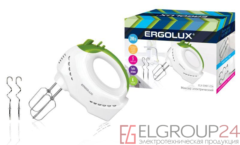 Миксер ручной ELX-EM01-C34 200Вт 220-240В бело-салат. Ergolux 13442 0