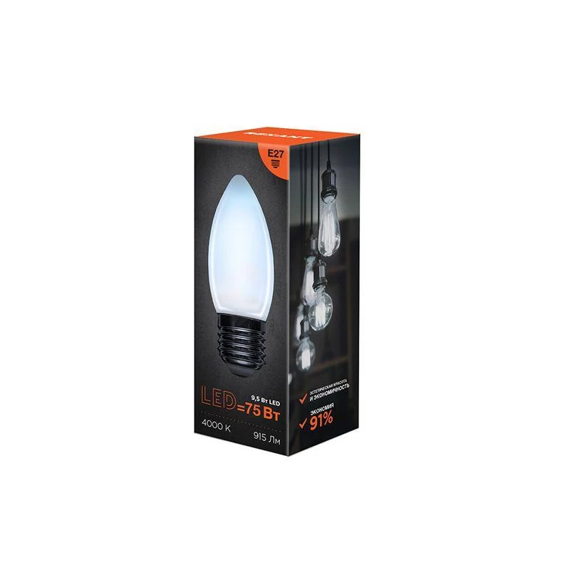 Лампа светодиодная филаментная 9.5Вт CN35 свеча матовая 4000К нейтр. бел. E27 915лм Rexant 604-098