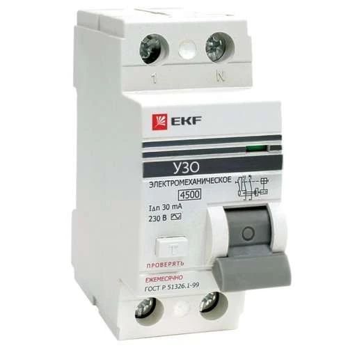 Выключатель дифференциального тока (УЗО) 2п 63А 30мА тип AC (электр.) EKF elcb-2-63-30-e