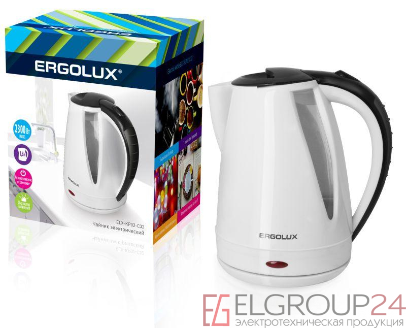 Чайник ELX-KP02-C32 пласт. 1.8л 160-250В 1500-2300Вт бел./черн. Ergolux 13119 0