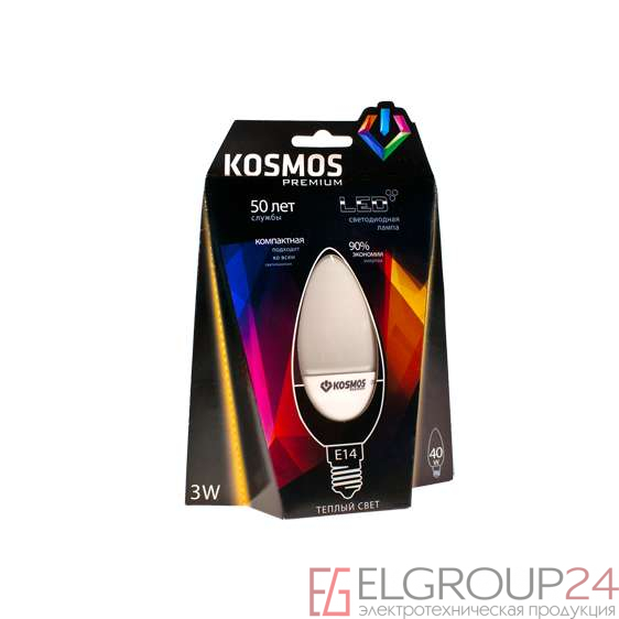Лампа светодиодная KOSMOS premium 3Вт свеча E14 230В 3000К Космос KLED3wCN230vE1427 0
