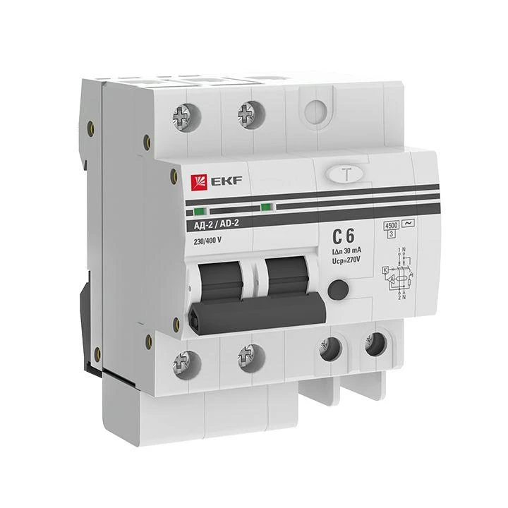 Выключатель автоматический дифференциального тока 2п 4мод. C 6А 30мА тип AC 4.5кА АД-2 PROxima EKF DA2-06-30-pro