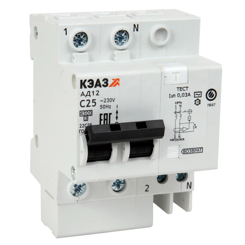 Выключатель автоматический дифференциального тока 2п C 63А 300мА тип A 4.5кА АД12-24 УХЛ4 КЭАЗ 141603