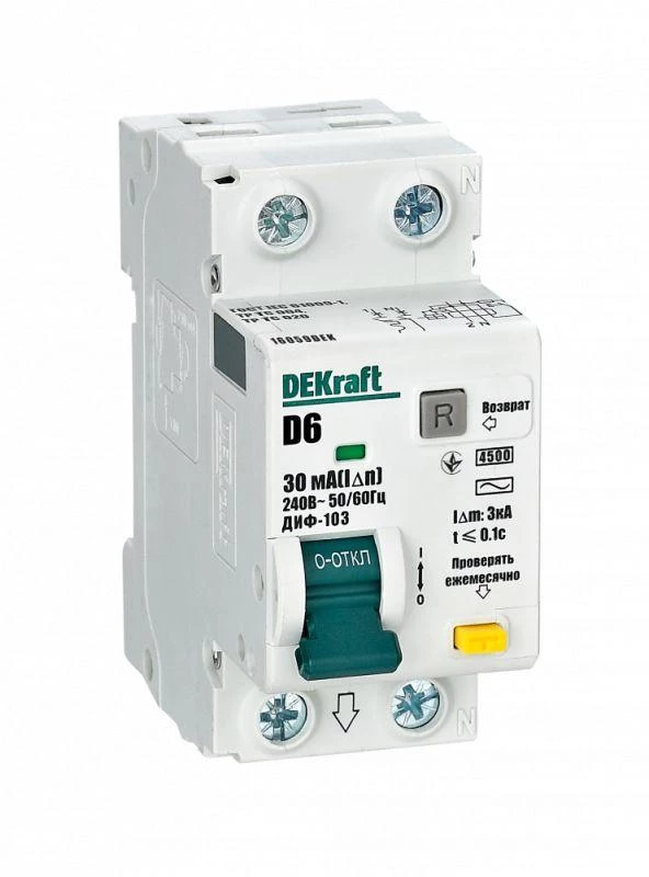 Выключатель автоматический дифференциального тока 2п (1P+N) D 6А 30мА тип AC 4.5кА ДИФ-103 DEKraft 16059DEK
