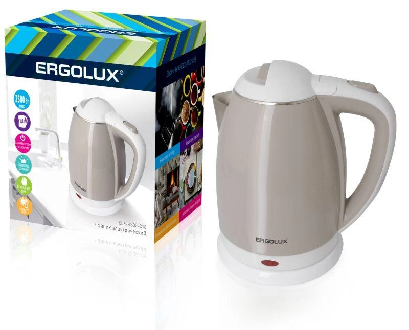 Чайник ELX-KS02-C18 нерж.сталь/пластик 1.8л 160-250В 1500-2300Вт бежево-бел. Ergolux 13121 0