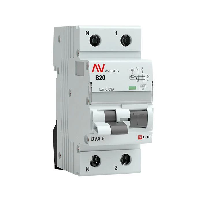 Выключатель автоматический дифференциального тока 1п+N B 20А 30мА тип AC DVA-6 6кА AVERES EKF rcbo6-1pn-20B-30-ac-av