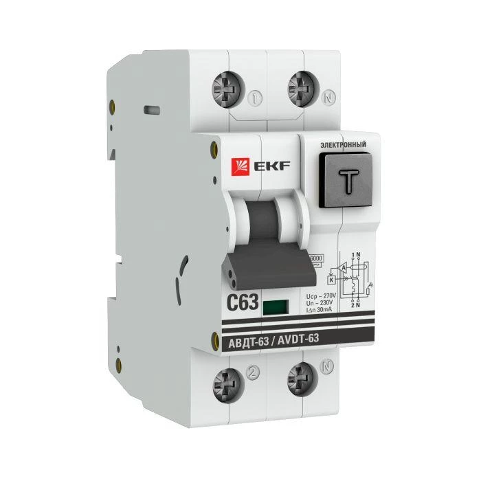 Выключатель автоматический дифференциального тока 63А 30мА тип AC 6кА АВДТ-63 электрон. PROxima EKF DA63-63-30e-AC