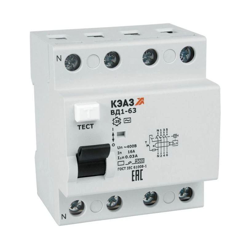 Выключатель дифференциального тока (УЗО) 4п 50А 100мА тип AC ВД1-63 4350 УХЛ4 КЭАЗ 221956