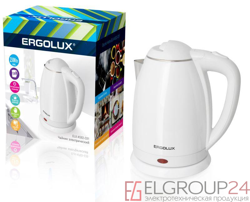 Чайник ELX-KS02-C01 нерж.сталь/пластик 1.8л 160-250В 1500-2300Вт бел. Ergolux 13122 0