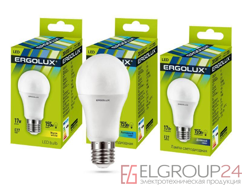 Лампа светодиодная LED-A60-17W-E27-4К ЛОН 17Вт грушевидная E27 4000К 172-265В Ergolux 13180