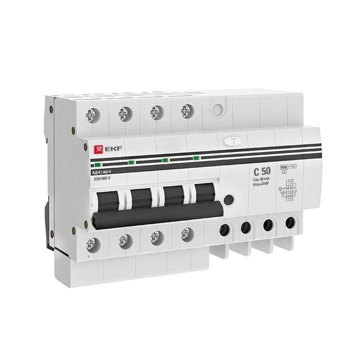 Выключатель автоматический дифференциального тока C 50А  30мА тип AC 6кА АД-4  (электрон.) защита 270В PROxima EKF DA4-6-50-30-pro