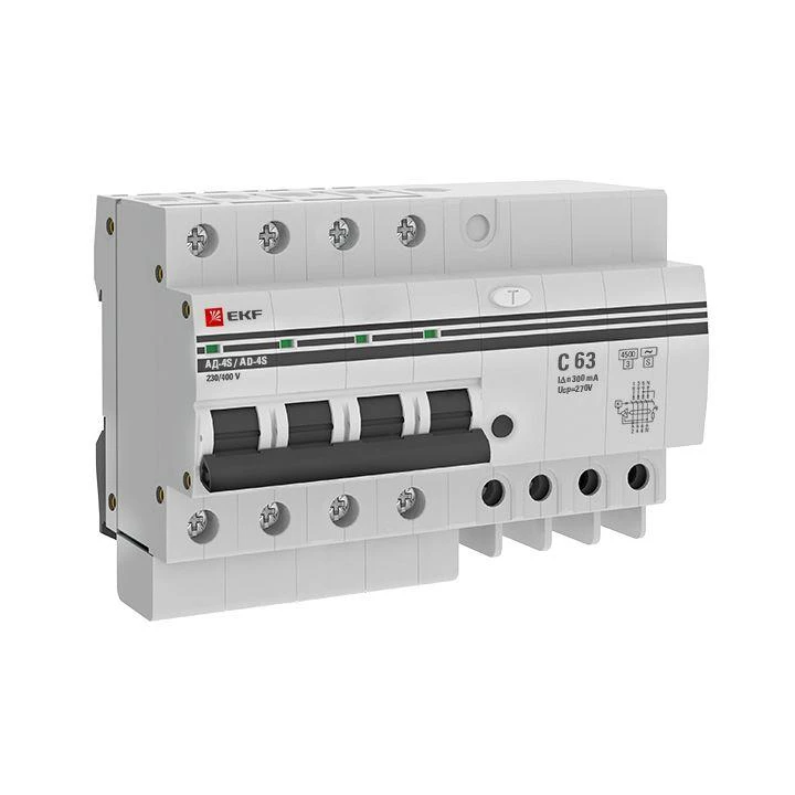 Выключатель автоматический дифференциального тока C 63А 300мА тип AC 4.5кА АД-4 S (электрон.) защита 270В PROxima EKF DA4-63-300S-pro