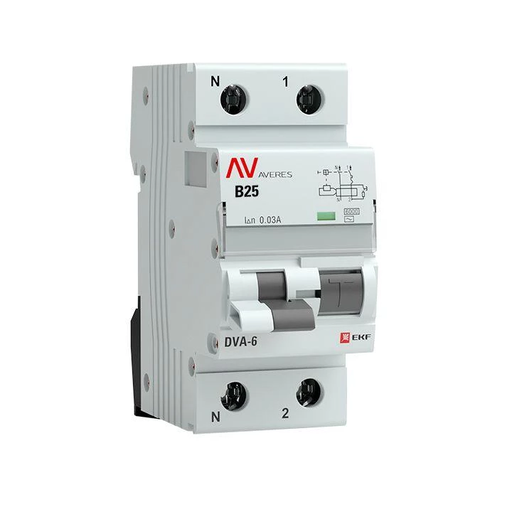 Выключатель автоматический дифференциального тока 1п+N B 25А 30мА тип AC DVA-6 6кА AVERES EKF rcbo6-1pn-25B-30-ac-av