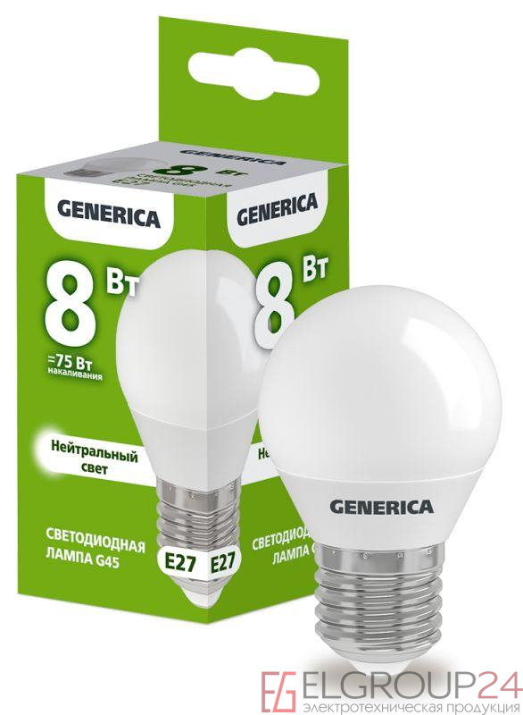 Лампа светодиодная G45 8Вт шар 4000К E27 230В GENERICA LL-G45-08-230-40-E27-G 0