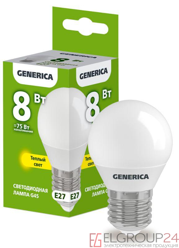 Лампа светодиодная G45 8Вт шар 3000К E27 230В GENERICA LL-G45-08-230-30-E27-G 0