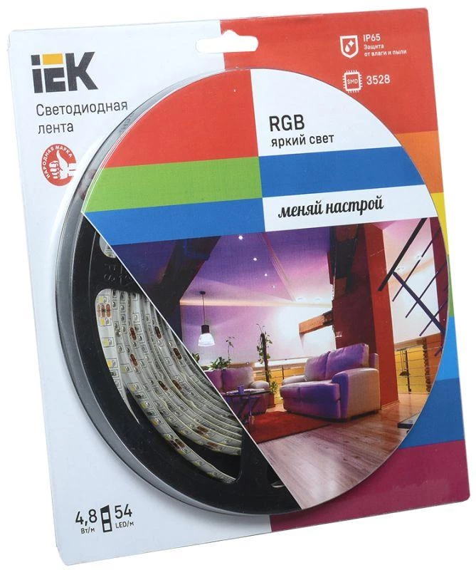 Лента светодиодная ECO LED LSR-3528RGB54-4.8-IP65-12V 5Вт/м (уп.5м) полноцвет. IEK LSR1-3-054-65-1-05