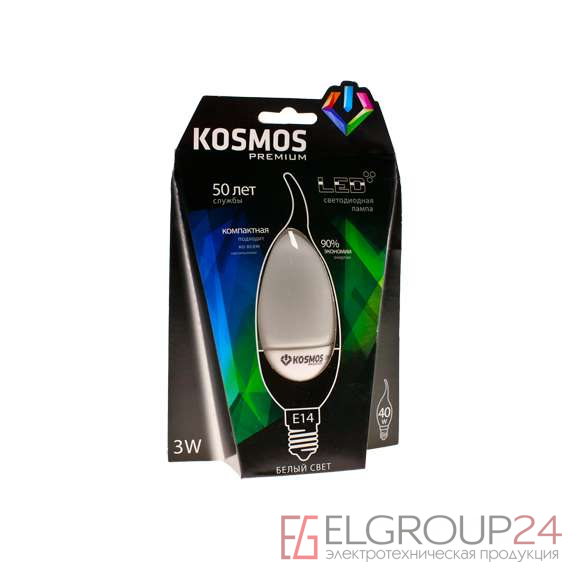 Лампа светодиодная KOSMOS premium 3Вт свеча на ветру E14 230В 4500К Космос KLED3wCW230vE1445 0