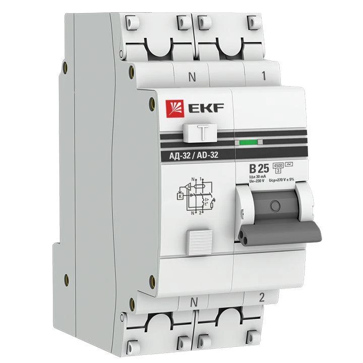 Выключатель автоматический дифференциального тока 2п (1P+N) B 25А 30мА тип AC 4.5кА АД-32 2мод. защита 270В электрон. PROxima EKF DA32-25-B-30-pro