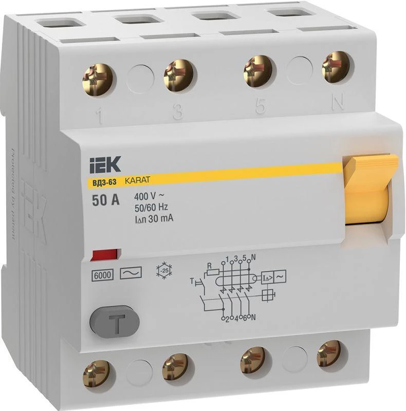 Выключатель дифференциального тока (УЗО) 4п 50А 30мА 6кА тип AC ВД3-63 KARAT IEK MDV20-4-050-030