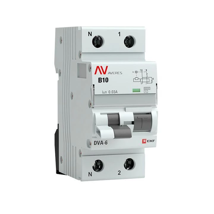 Выключатель автоматический дифференциального тока 1п+N B 10А 30мА тип AC DVA-6 6кА AVERES EKF rcbo6-1pn-10B-30-ac-av
