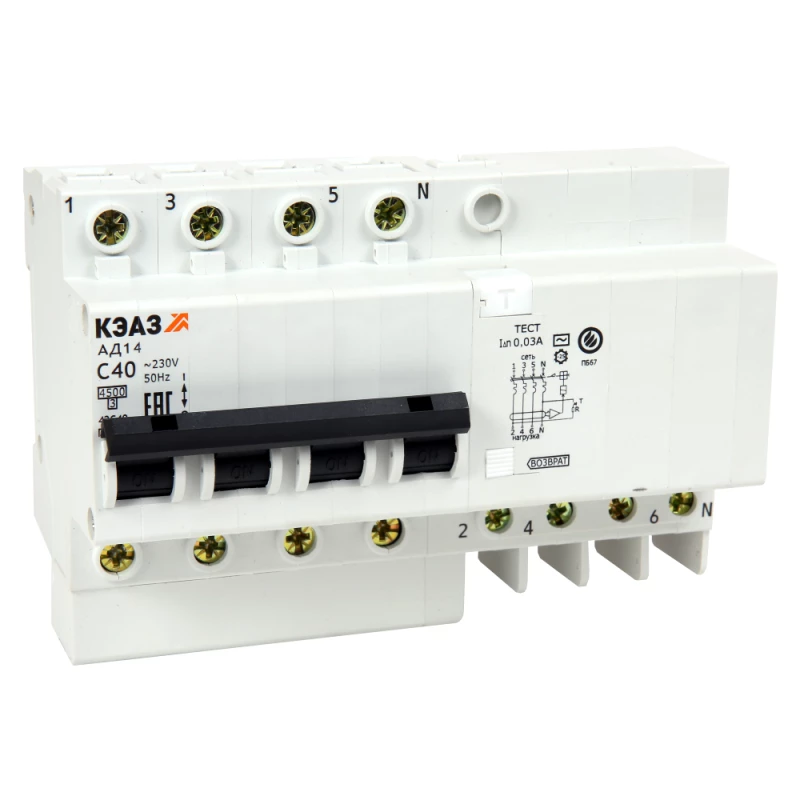 Выключатель автоматический дифференциального тока 4п C 40А 300мА тип A 4.5кА АД14-44 УХЛ4 КЭАЗ 141614