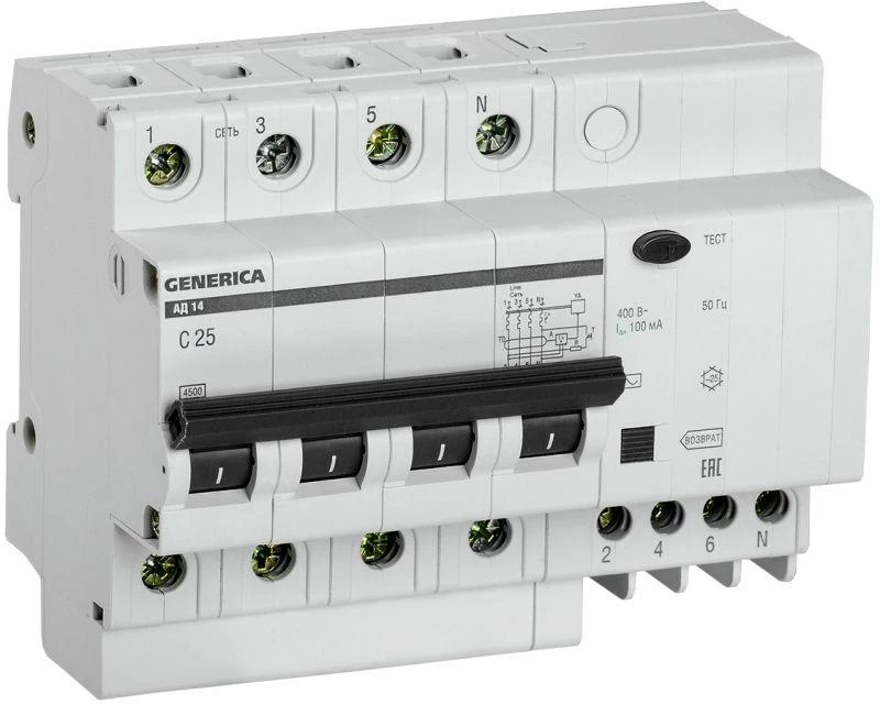 Выключатель автоматический дифференциального тока 4п 25А 100мА АД14 GENERICA MAD15-4-025-C-100