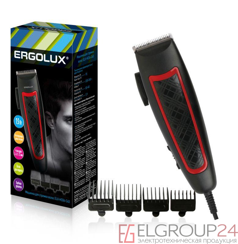 Машинка для стрижки волос ELX-HC04-C43 черн. с красн. 15Вт 220-240В Ergolux 14395 0