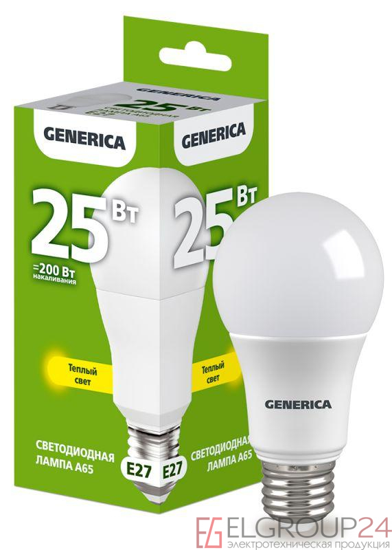 Лампа светодиодная A65 25Вт грушевидная 3000К E27 230В GENERICA LL-A65-25-230-30-E27-G 0
